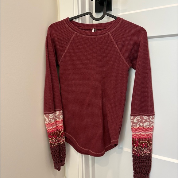 Free People Tops - Free People Maroon Long Sleeve with Patterned Sleeves